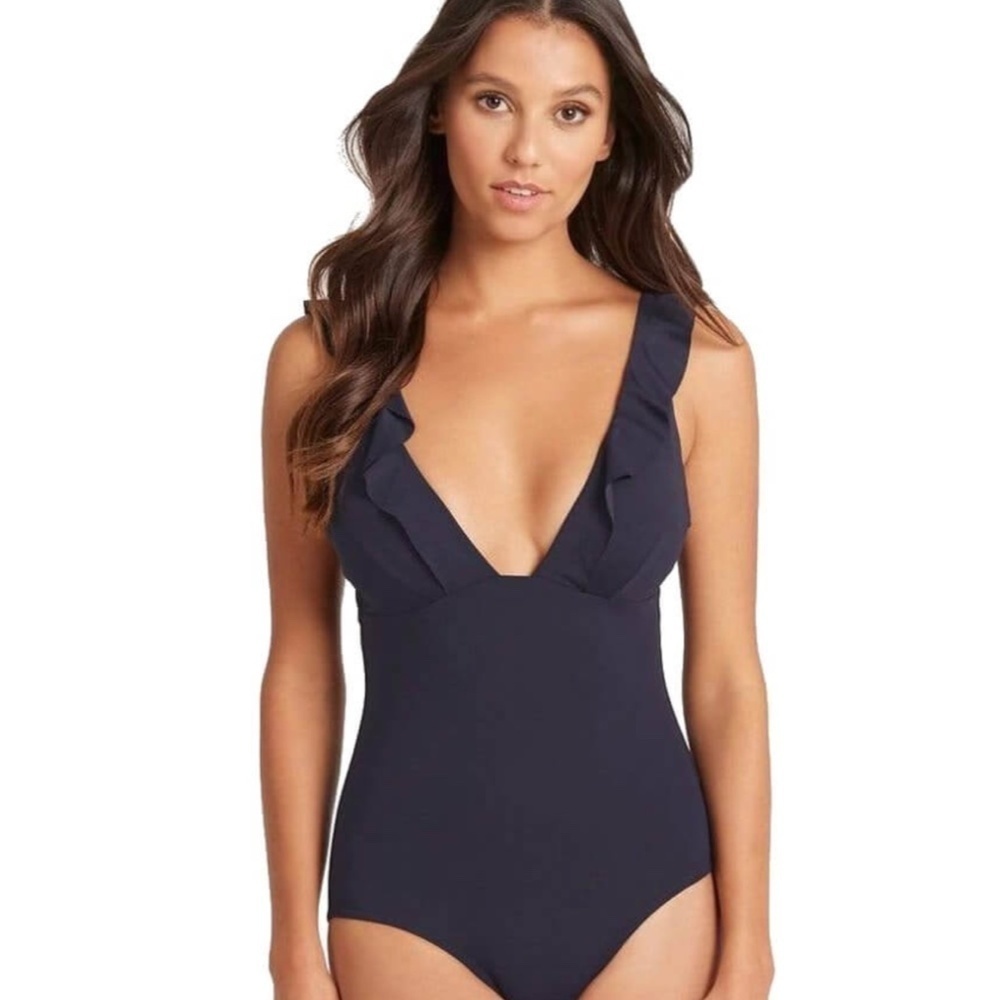 Sea Level Essentials Frill One Piece Swimsuit - Night Sky Navy